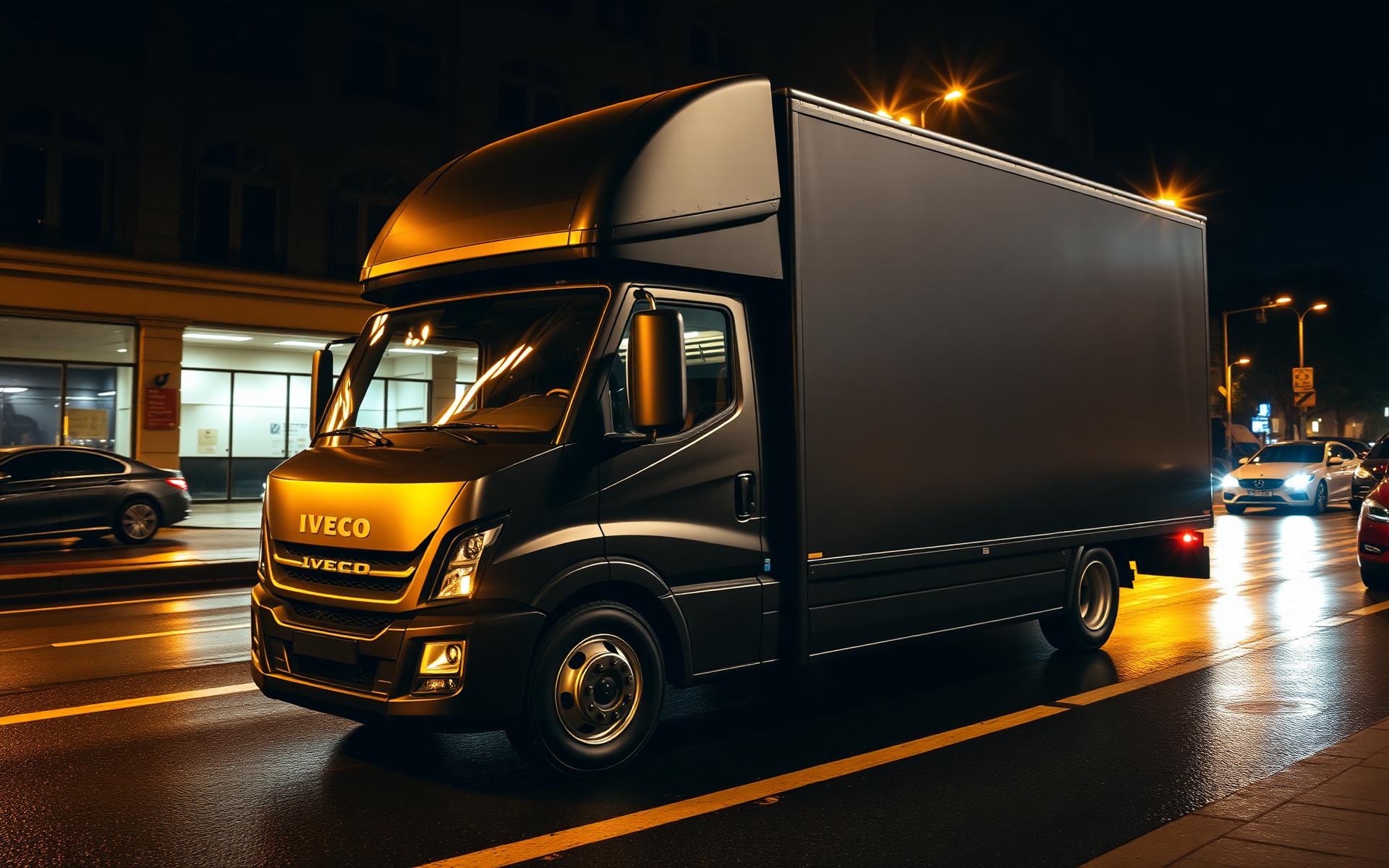 Camión Iveco negro MUNCAM en ciudad